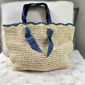 Mark and Graham Navy Ribbon Scalloped Raffia Tote NWT